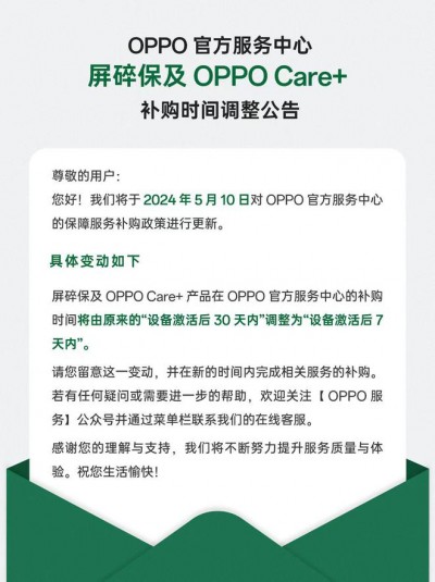 OPPO Care+ 及屏碎保补购时间调整为 7 天，5 月 10 日起实施